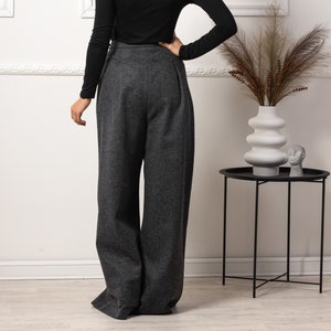 Elegant Wool Trousers Pants, High Waist Baggy Pants, Gray Woolen Palazzo Pants, Maxi Pleated Trousers for Winter, Plus Size Available