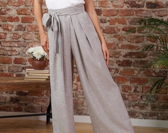 Wide Leg Summer Pleated Linen Pants, High Waist Natural Plus