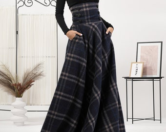 Tartan geruite Edwardiaanse rok, wollen wandelrok, Outlander wollen rok, maxirok in Schotse stijl, donkere Academia lange winterrijrok