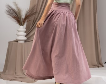 Maxi Gathered Skirt, Edwardian Walking Linen Maxi Skirt, Plus Size Victorian Skirt, Mauve Linen Wrap Long High-Waisted Gathered Skirt