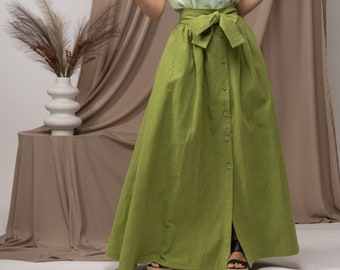 Chartreuse Linen Victorian Skirt, Maxi High Waisted Wedding Guest Skirt, Vintage Style Floor Length Linen Skirt, Plus Size Buttons Skirt