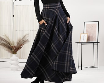 Wollen tartan winterrok, lange geruite maxirok, plus size wollen rok, rok in Edwardiaanse stijl, wollen omslagdekenrok, volledige middeleeuwse rok