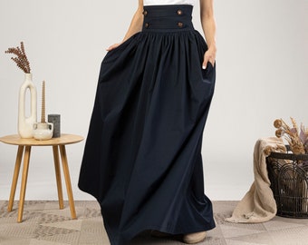 Extra High-Waisted Maxi Flared Skirt with Waistband Buttons, Dark Blue Cotton Walking Skirt for Summer, Modern Victorian Riding Skirt