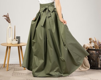 Fit and Flare Summer Cotton Skirt, Military Green High Rise Skirt, Formal Bow Tie Sash Skirt, Maxi Pleated Plus Size Edwardian Style Skirt