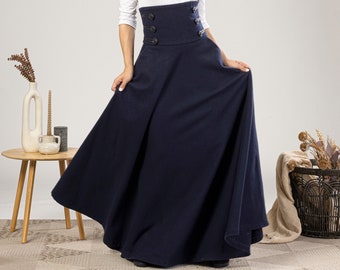 Victorian Walking Skirt with Ultra High Waist, Dark Blue Wool Maxi Skirt, Winter Full Skirt, Edwardian Walking Skirt, Plus Size Clothing