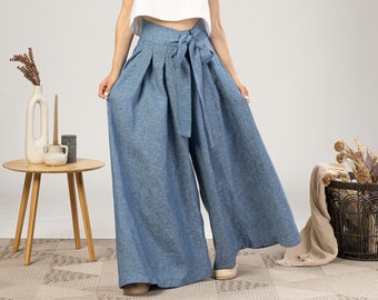 Comfortable Baggy Linen Skirt Pants, Wrap Around Super Wide Skirt Pants, Maxi Gaucho Summer Pants, Blue Melange Waistband Trousers With Tie