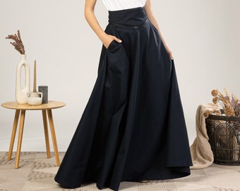 Dark Blue Structured Flared Summer Cotton Skirt, Edwardian Walking Waistband Maxi Skirt, Plus Size Wedding Guest Outfit Skirt, Evening Skirt