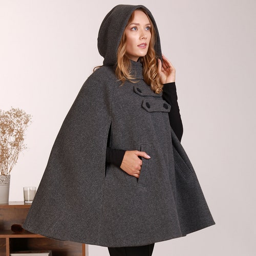 Flare Wool Coat Jacket Black Hooded Cloak Winter Cape Black - Etsy