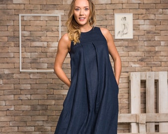 Marineblaues Leinen Maxikleid, Übergröße Kaftan Kleid, Leinen Umstandskleid, Sommer Boho Abaya, Leinen Empire Silhouette Kleid, Trapezkleid