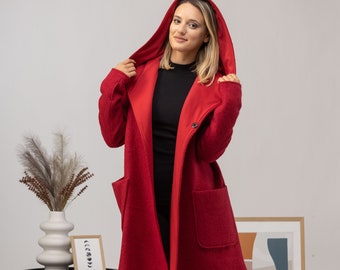 Red Hooded Wool Chistmas Cardigan, Plus Size Asymmetrical Winter Coatigan, 1950s Style Women Cardigan, Boiled Wool Jacket Cardigan