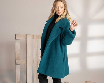 Teal Green Short Wool Coat, Winter Textured Oversized Coat, Plus Size & Petite Clothing, 11 Color Options