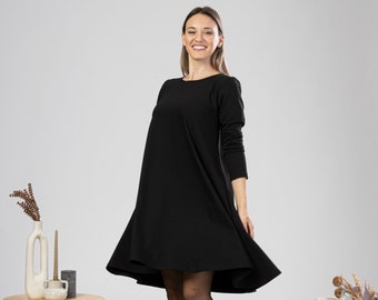 Vestido de algodón de silueta holgada, vestido midi negro acampanado, vestido ligero de verano, ropa de tallas grandes y petite, vestido acampanado informal minimalista