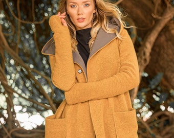 Gekochte Wolle-Strickjacke, Minimalistische Senf-Strickjacke, Übergröße-Strickjacke mit Taschen, Kapuzen-Wickel-Strickjacke, Wollmantel