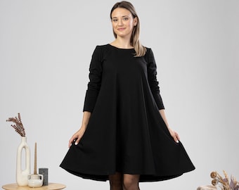 Abito midi taglie forti, abito tunica di cotone minimo, abito nero solido con tasche, abbigliamento Petite, abito da sera elegante, abito oversize