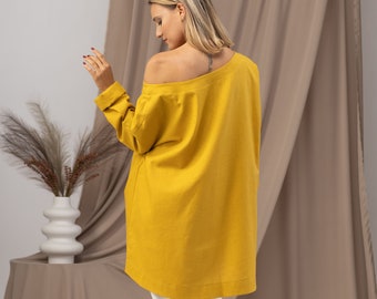 Yellow Oversized Linen Top for Hot Summer Days, Multiway Mustard Tunic Top, Plus Size Linen Cold Shoulder Tunic, Lagenlook Maxi Blouse