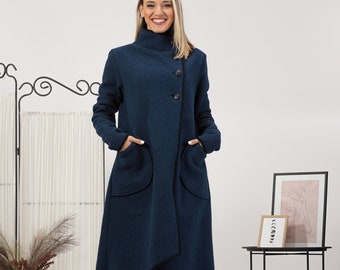 Abrigo de chaqueta asimétrico de cuello alto de lana hervida texturizada, gabardina de invierno azul, abrigo de lana de invierno eduardiano, chaqueta maxi elegante