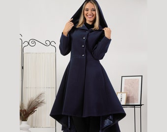 A-Line Princess Coat, Hooded Wool Flared Coat, Plus Size Coat, Wool Maxi Coat, Long Coat with Hood, Navy Swing Coat,Winter Gothic Style Coat