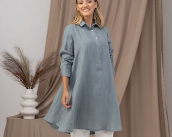 Plus Size Dressy Tunic, Modest Oversize Linen Shirt Dress, Stand