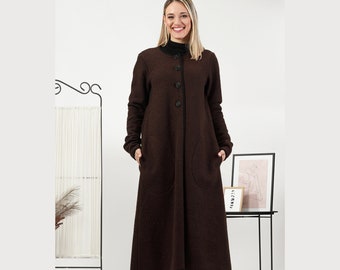 Deep Brown Woolen Cardigan, Longline Pullover Cardigan, Winter Dressy Cardigan, Duster Cardigan Vest with Buttons, Old-Fashioned Cardigan