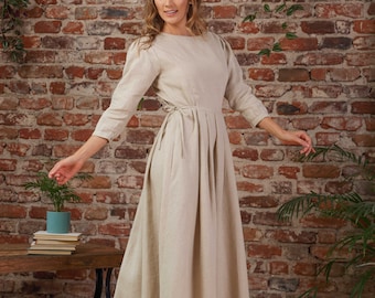 Bescheidenes Präriekleid, Kleid im Landhausstil aus Naturleinen, Vintage-inspiriertes Bauernkleid, Maxikleid im Stil der 1800er Jahre, formelles Swing-Pionierkleid