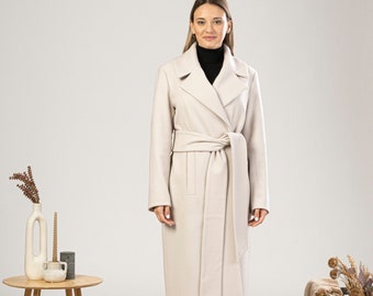 Long Off White Wool Coat by Nikkaplace, Old Money Style Clothes, Maxi Belted Feminine Overcoat, Winter Trench Coat, Plus Size Available