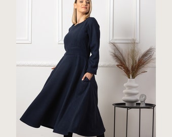 A-line Modest Dress With Pockets, Elegant Wool Midi Dress, Casual Petite  Navy Dress, 50s Style Circle Swing Dress, Patina Blue Dress - Etsy Israel
