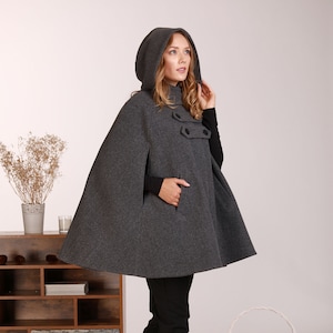 Wool Cape Coat with Hood, Hooded Winter Cloak, Plus Size Clothing, Short Cape Cloak, Poncho Jacket, Elegant Petite Cape, Buttons Swing Coat