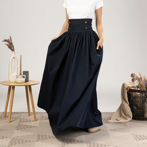 Extra High-Waisted Maxi Flared Skirt with Waistband Buttons, Dark Blue Cotton Walking Skirt for Summer, Modern Victorian Riding Skirt