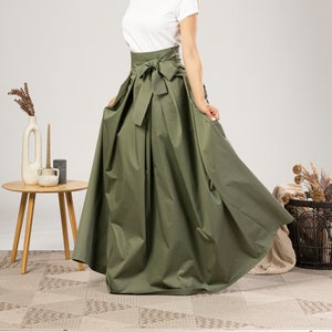 Fit and Flare Summer Cotton Skirt, Military Green High Rise Skirt, Formal Bow Tie Sash Skirt, Maxi Pleated Plus Size Edwardian Style Skirt Sage Green