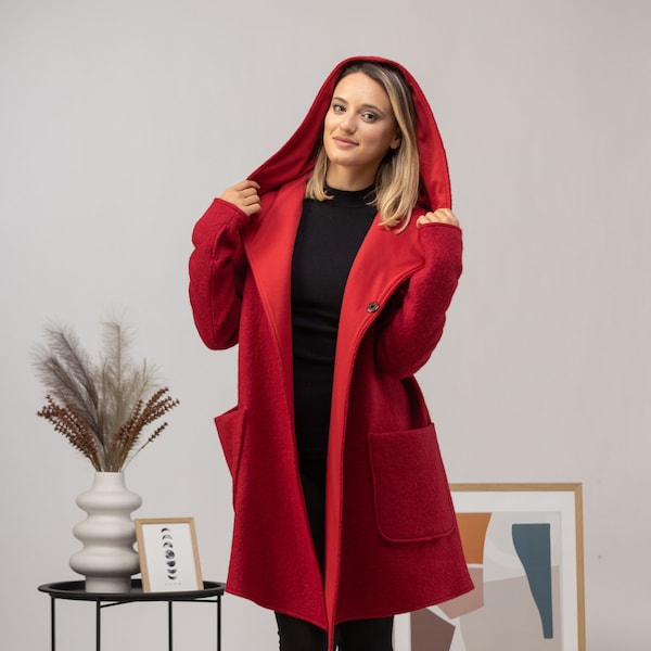 Red Hooded Wool Chistmas Cardigan, Plus Size Asymmetrical Winter Coatigan, 1950s Style Women Cardigan, Boiled Wool Jacket Cardigan