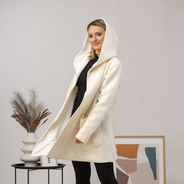 Snowy White Lined Wool Cardigan with Thumb Hole Sleeves, Large Roomy Hood & Big Front Pockets
