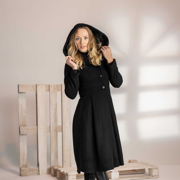 Cappotto da principessa nero con cappuccio, cappotto di lana svasato, soprabito invernale con gonna, cappotto gotico con cappuccio, trench invernale nero taglie forti