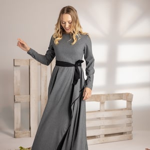 Long Edwardian Style Winter Wrap Dress, Plus Size Wool Dress, Elegant Formal Overlapping Flowy Dress, Ladies Asymmetric Maxi Wool Dress