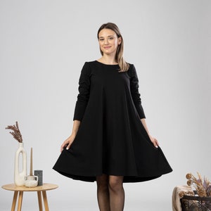 Plus Size Midi Dress, Minimal Cotton Tunic Dress, Solid Black Dress with Pockets, Petite Clothing, Elegant Evening Dress, Oversized Dress image 1