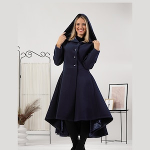A-Line Princess Coat, Hooded Wool Flared Coat, Plus Size Coat, Wool Maxi Coat, Long Coat with Hood, Navy Swing Coat,Winter Gothic Style Coat