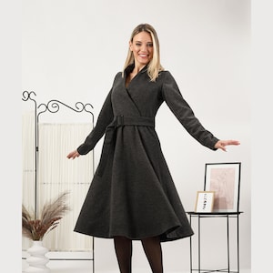 Vintage Inspired Wool Dress, A-Line Dark Academia Dress, Winter Midi Dress, Warm Wrap Around Dress, Circle Homestead Dress,Mid-Century Dress