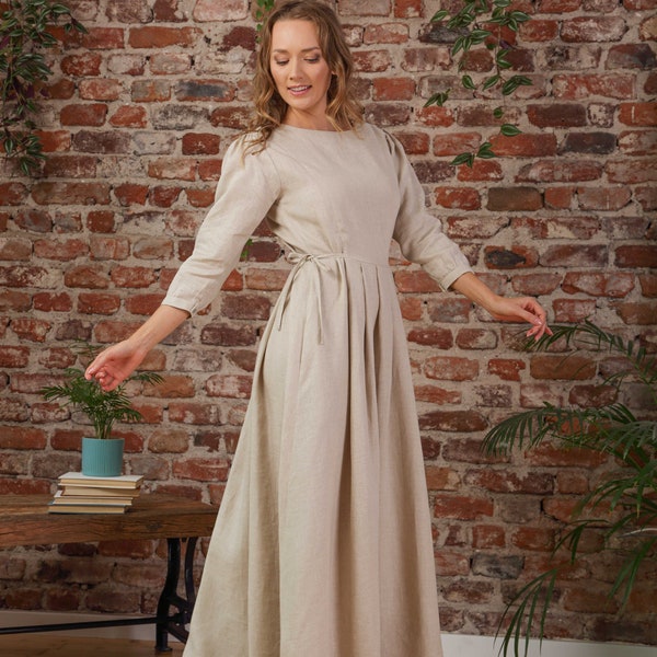 Modest Prairie Dress, Natural Linen Farm Style Dress, Vintage Inspired Peasant Dress, Maxi 1800s Style Dress, Formal Swing Wedding Dress