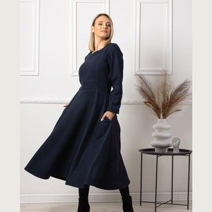 A-Line Modest Dress with Pockets, Elegant Wool Midi Dress, Casual Petite Navy Dress, 50s Style Circle Swing Dress, Wedding Guest Outfit
