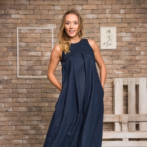 Navy Blue Linen Maxi Dress Plus Size Kaftan Dress Linen Maternity Dress Summer Boho Abaya Linen Empire Silhouette Dress Trapeze Dress Etsy