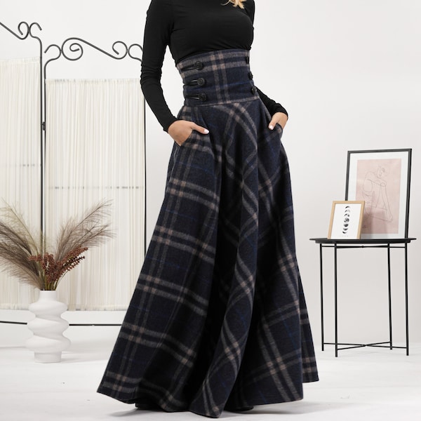 Tartan Plaid Edwardian Skirt, Wool Walking Skirt, Outlander Wool Skirt, Scottish Style Maxi Skirt, Dark Academia Long Winter Riding Skirt