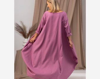 Voluminous Linen Abaya Dress, Dark Rose Pink Balloon Dress with Belt, Floor Length Dress, Lagenlook Stylish Dress, Linen Bubble Kaftan Dress