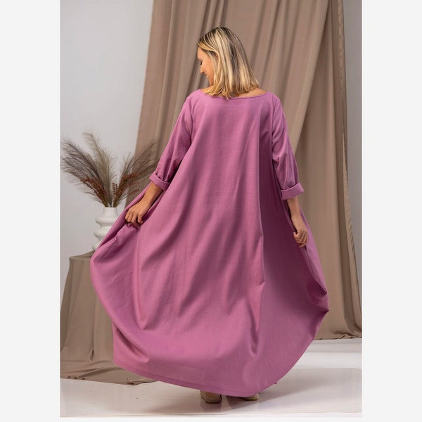 Voluminöses Leinen Abaya Kleid, Dunkelrosa Rosa Ballonkleid mit Gürtel, Bodenlanges Kleid, Lagenlook Stylishes Kleid, Leinen Bubble Kaftan Kleid