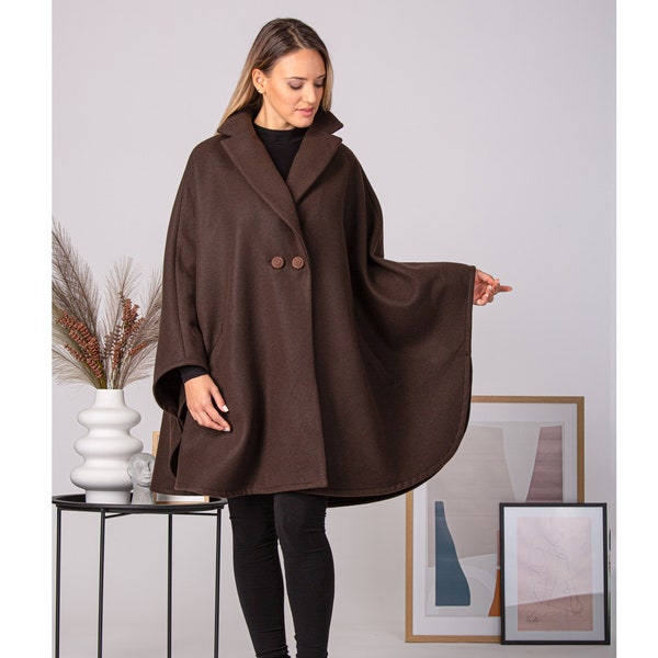 Winter Wool Cape Coat, Plus Size Poncho Jacket Coat, Oversized Cape with Buttons, Swing Cloak Coat, Wool Walking Cape, Ladies Short Cape