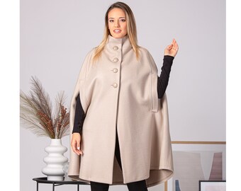 Long Wool Winter Cape Coat, Evening Cape Jacket, Dressy