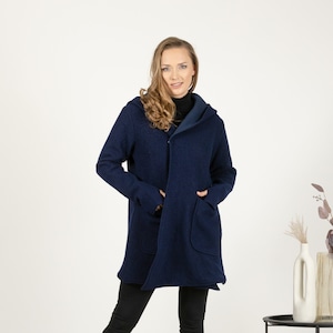 Dark Blue Wool Hoodie Cardigan, Short Coat Cardigan, Plus Size Clothing, Winter Wool Cardigan with Pockets, Pixie Wool Overcoat Cardigan