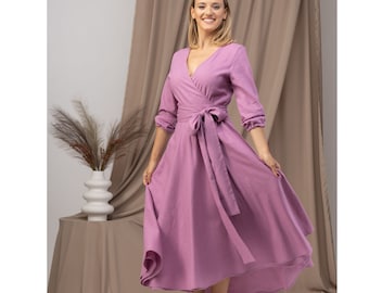 Vestido de invitada de boda estilo Cottagecore de talla grande, vestido de cóctel midi pequeño, vestido de lino envolvente simple, vestido estilo años 50 de verano rosa rosa