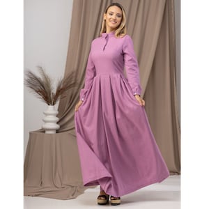 Plus Size Linen Victorian Dress, Civil War Vintage Inspired Dress, Lilac Pink Maxi Linen Dress, Puff Sleeves Pioneer Dress, Buttons Dress
