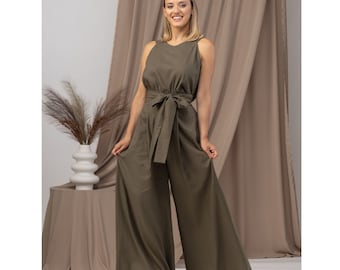 Wedding Guest Jumpsuit, Elegant Formal Outfit, Maxi Summer Linen Jumpsuit, Palazzo Wide Leg Overalls, Fit and Flare Linen Party Jumpsuit