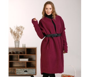 Boiled Wool Jacket with Belt, Dark Red Long Overcoat, Scoop Neck Classic Formal Coat, Plus Size Clothing, Straight Line Winter Cardigan Coat