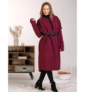 Boiled Wool Jacket with Belt, Dark Red Long Overcoat, Scoop Neck Classic Formal Coat, Plus Size Clothing, Straight Line Winter Cardigan Coat